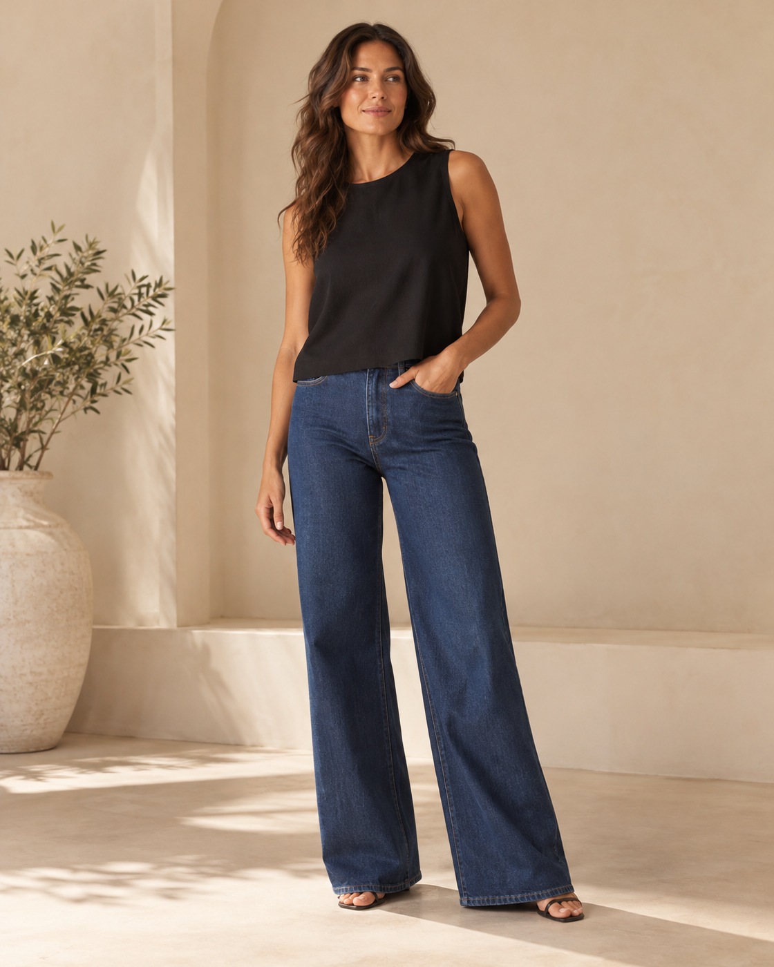 Jeans de pierna amplia con blusa oscura